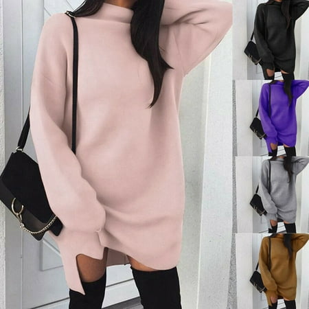 Women Lady High Collar Dress Long Sleeve Jumper Sweater Knitwear Pullover Dress