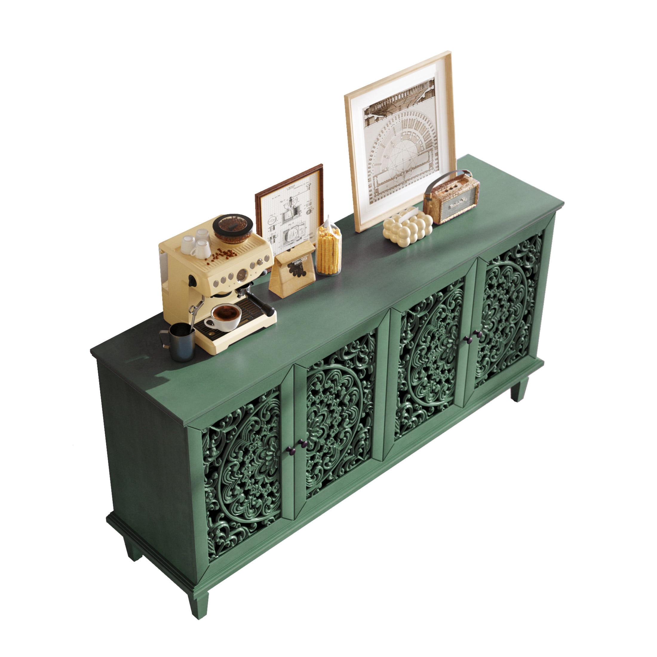 Noble House Sideboard Buffet Cabinet with Floral Carvings, Adjustable Shelves, Solid Wood Legs, and Brass Handles, Vintage Style Storage, Antique Green