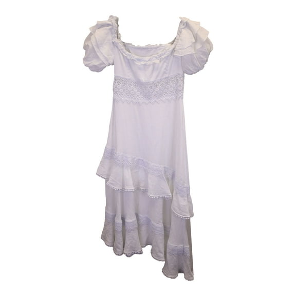 Pre-Owned Charo Ruiz Carmen Asymmetric Off-the-Shoulder Midi Dress in White Cotton
