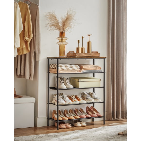 VASAGLE Estante Zapatero de 5 Niveles, Estante para Zapatos, 75 x 30 x 91 cm, Marco de Metal, Tela de Poliéster, Marrón Rústico y Negro