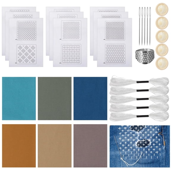 Sashiko Kit for Beginners, Water-Soluble Sashiko Thread and Needles Set, Pure Fabric Sashiko Stencil Kit, Versatile Sashiko Supplies, Embroidery Transfer Templates for DIY Crafts