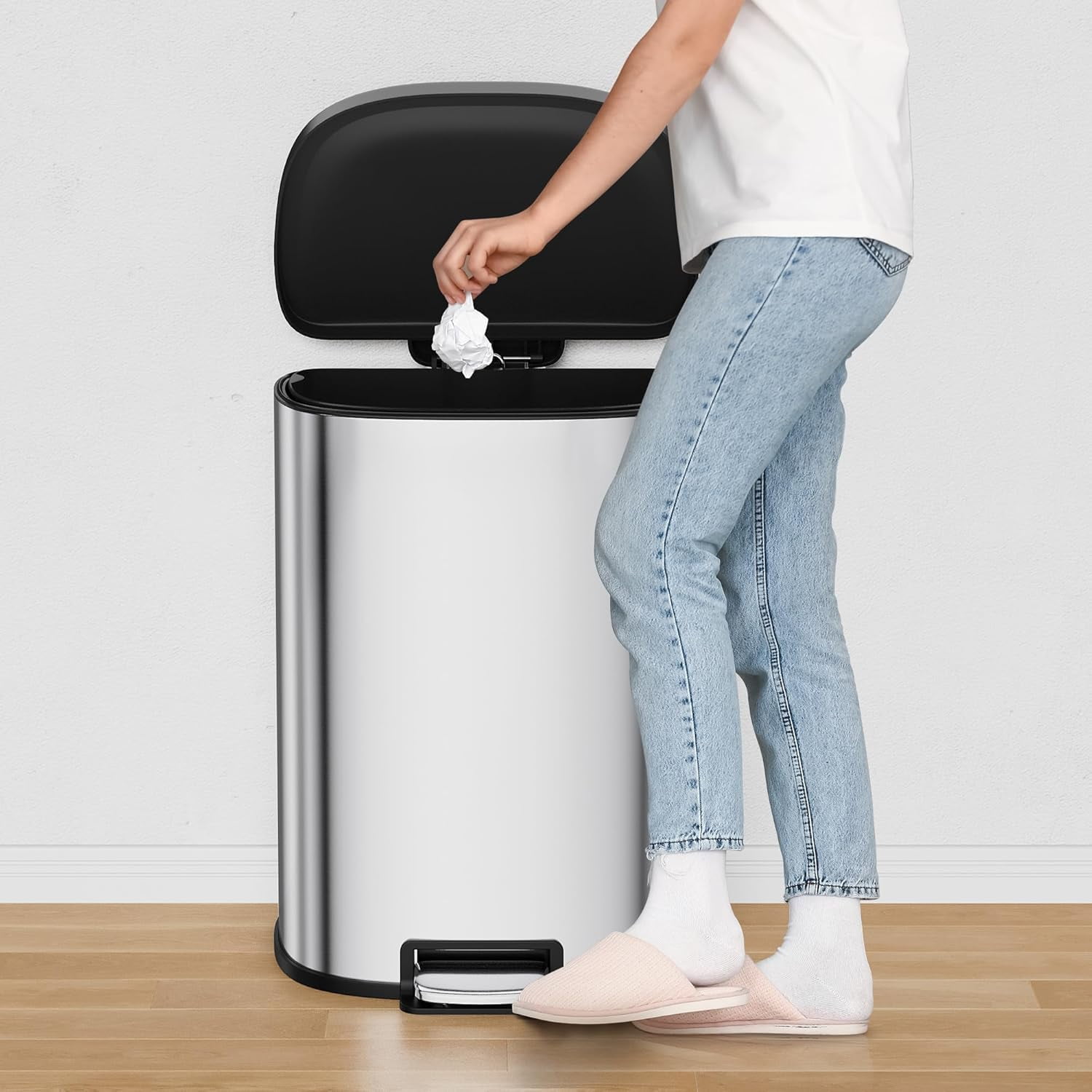 Garvee 13.2 Gallon Kitchen Trash Can with Lid,  D-Shape, Smudge Resistant, Stainless Steel, Silver