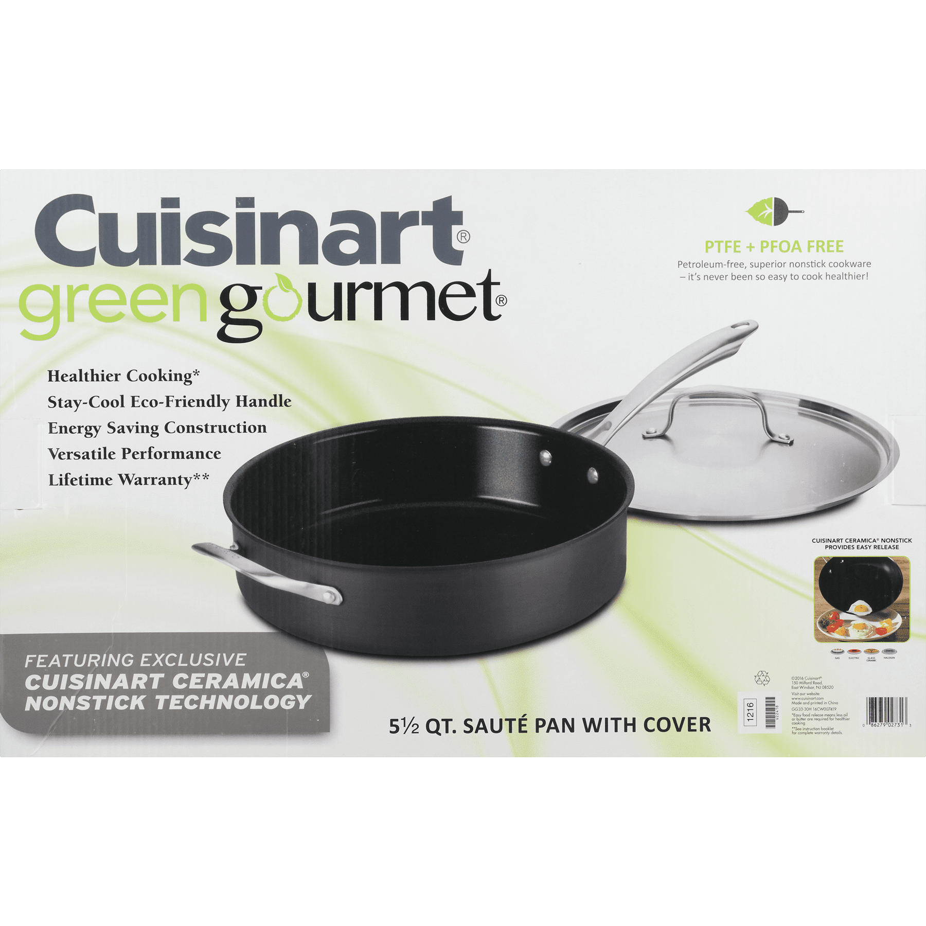 Cuisinart Greengourmet Hard Anodized Eco Friendly Non-Stick 5.5 Qt. Sauté  Pan W/Helper Handle & Cover
