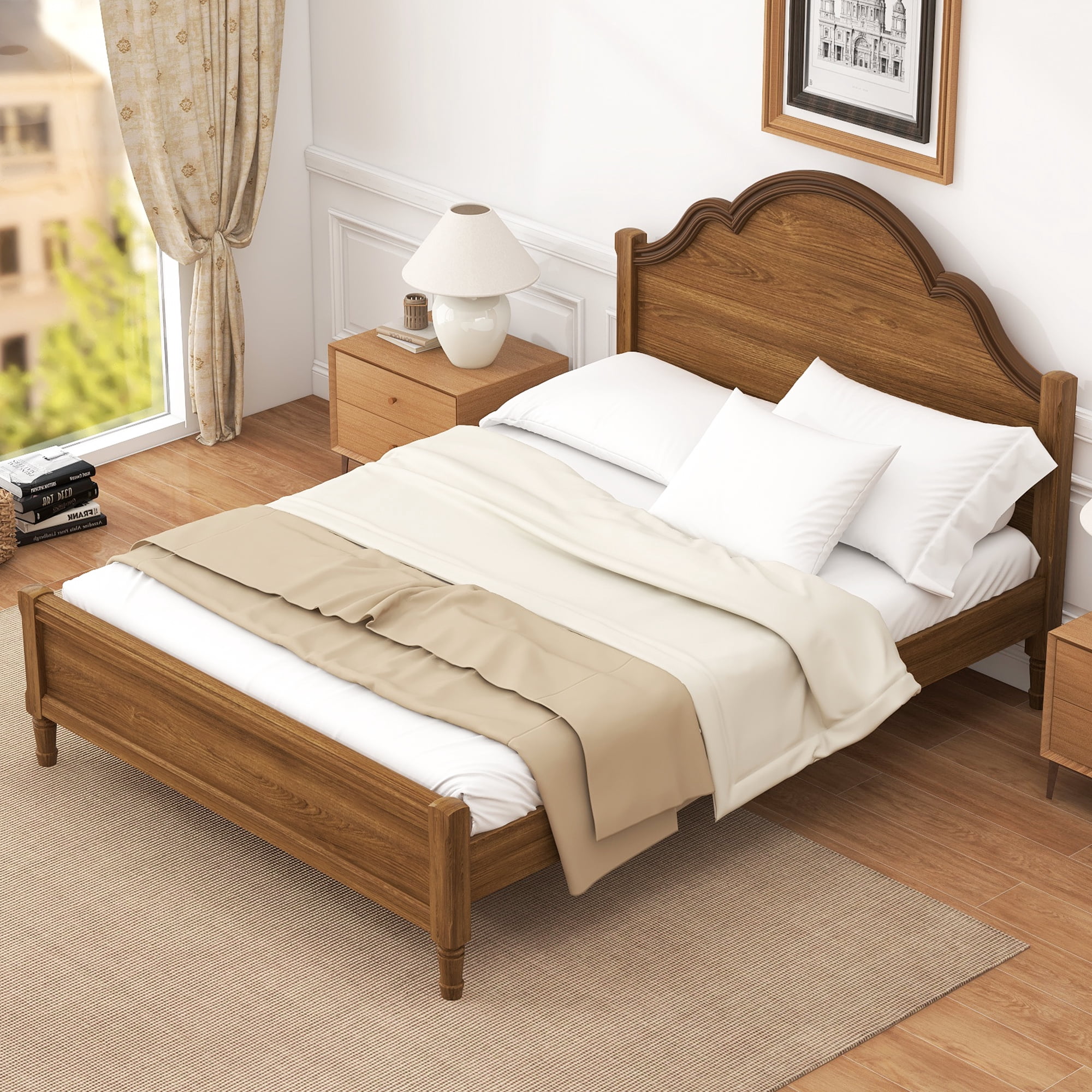 Euroco Wood Queen Size Platform Bed with Headboard, No Spring Box Needed, Walnut
