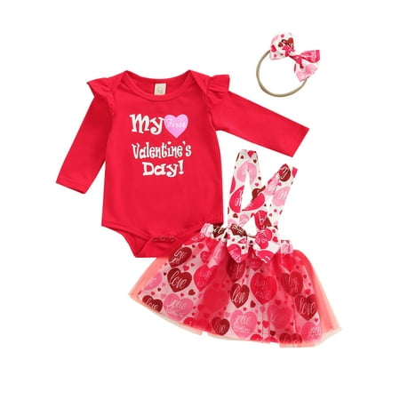 

Suanret Toddlers Girls My First Valentines Day Outfits Long Sleeve Romper Heart Suspenders Skirt Headband Red 3-6 Months