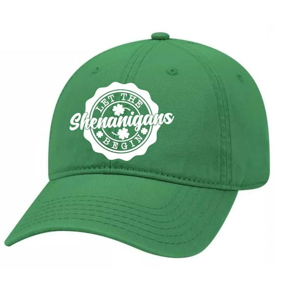 St. Patrick's Day Let The Shenanigans Begin Clover Embroidered Unisex Adjustable Hat Baseball Cap, Irish Green