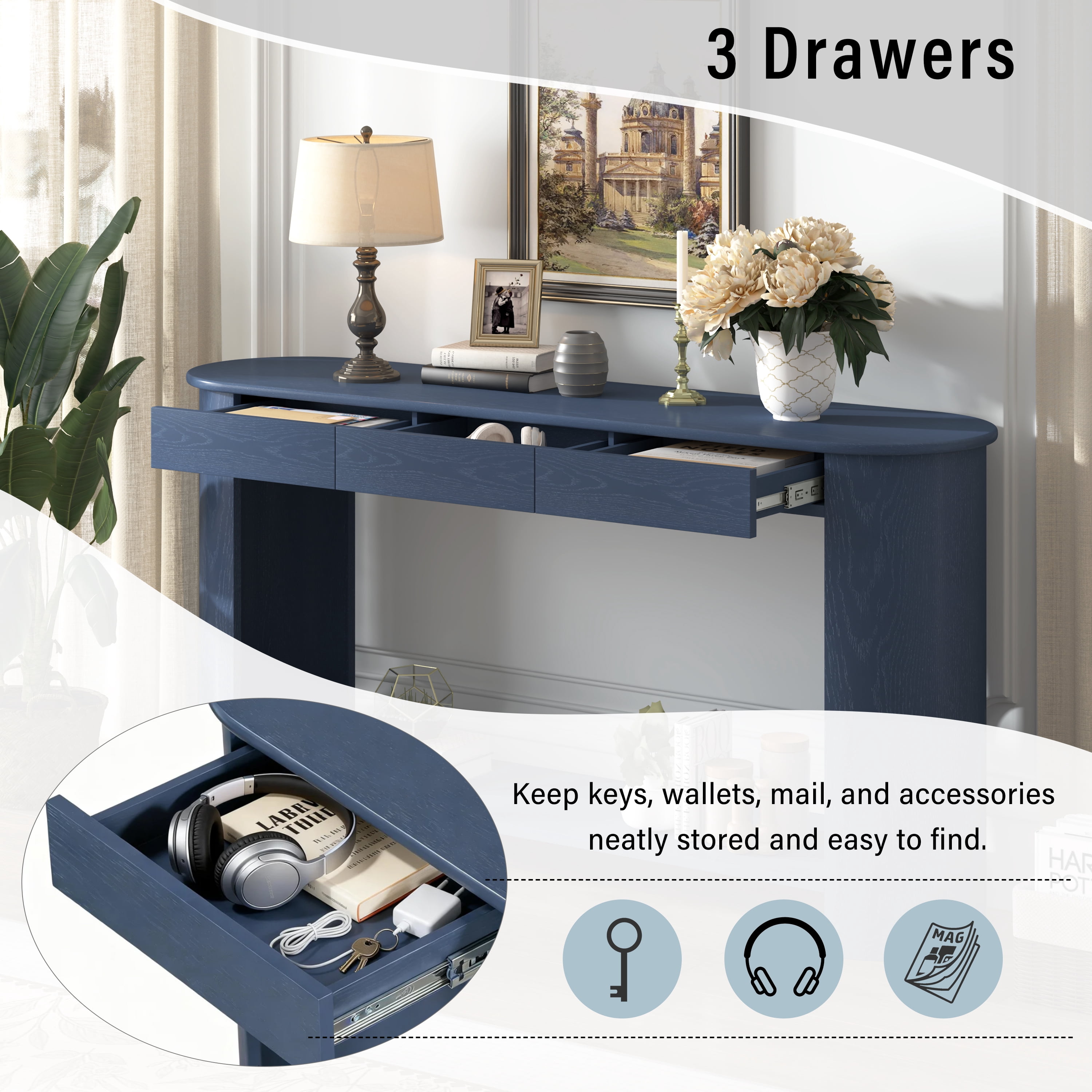 Euroco 59.8" Long Console Table with 3 Drawers, Solid Wood Sofa Table Entryway Table with Bottom Shelf for Living Room,Hallway,Entryway, Foyer,Navy Blue