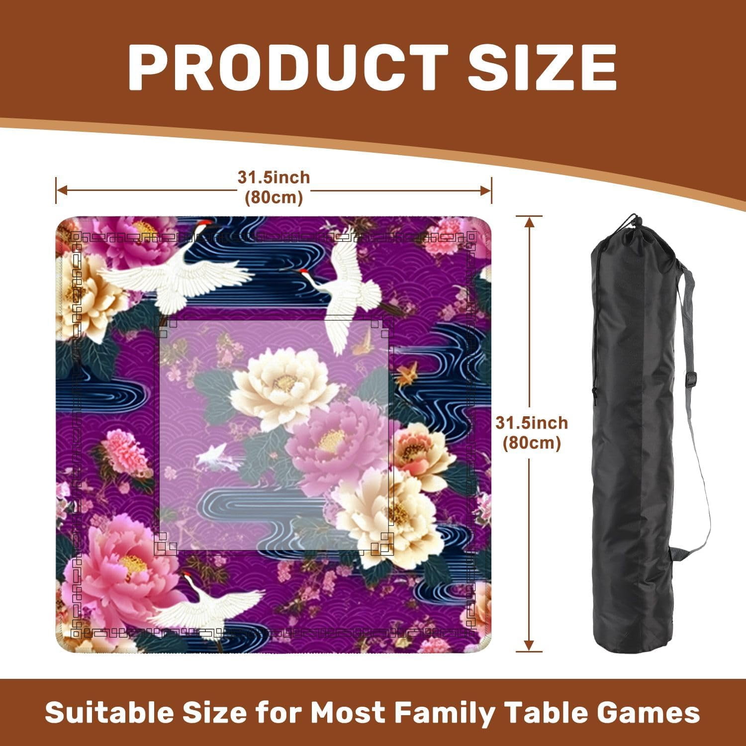 Mahjong Mat 31.5" x 31.5" Night Japanese Garden Blooming Peonies Golden Clouds Non-Slip Noise Reduction Mahjong Tiles Table Cover for Dominoes Poker Card Board and Tile Games Gift