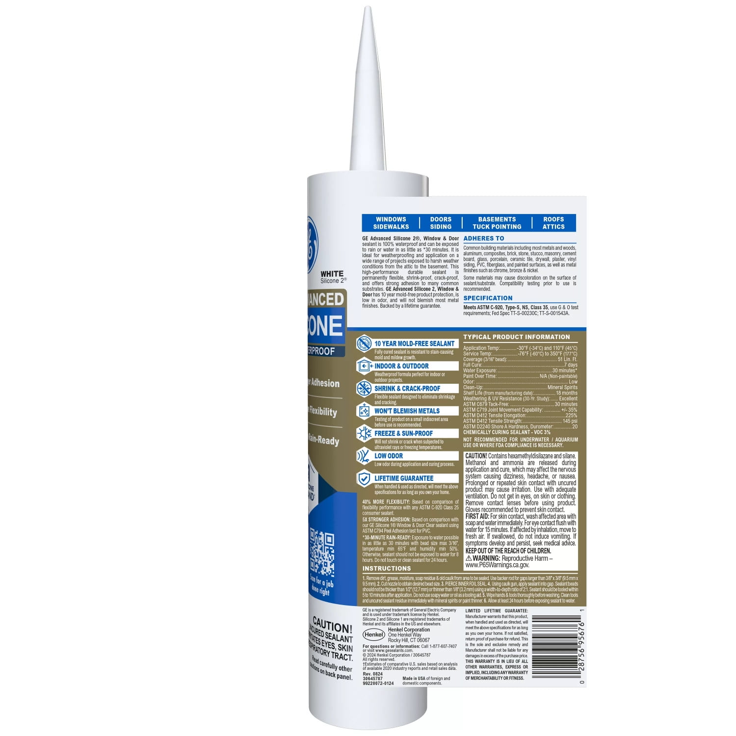 (12 pack) GE Advanced Silicone Window & Door Sealant, Pack of 1, White 10.1 fl oz Cartridge