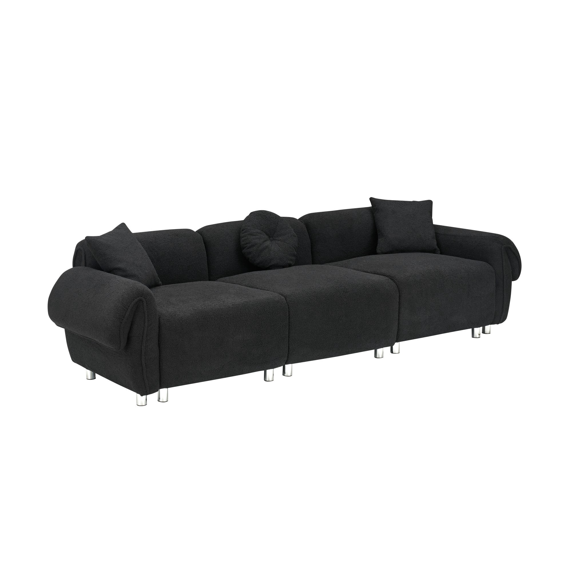 Sectional Sofa,3 Seat Sofa Couch Set with 3 Throw Pillows,112 inch Sofa Couch with Teddy Velvet Fabric for Living Room,Apartment,Black