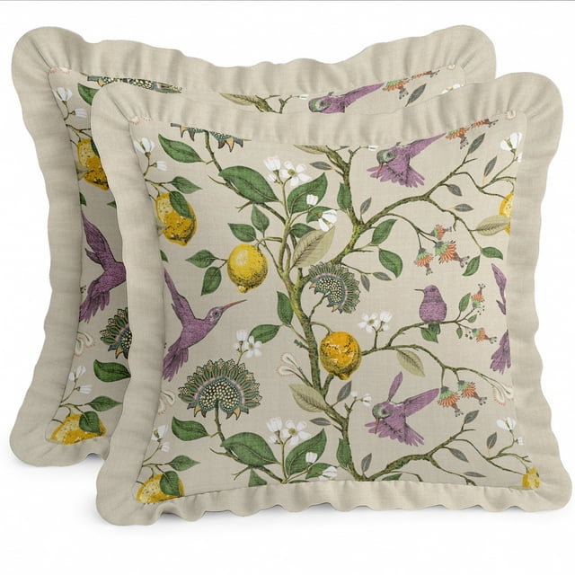 Ensemble de 2 Housses de Coussin en Sergé de Coton Vargottam - Imprimé Oiseau avec Feuilles, 18x18 Housses de Coussin à Volants avec Fermeture Éclair Cachée, Imprimé Réversible, Décor Rustique de Ferme