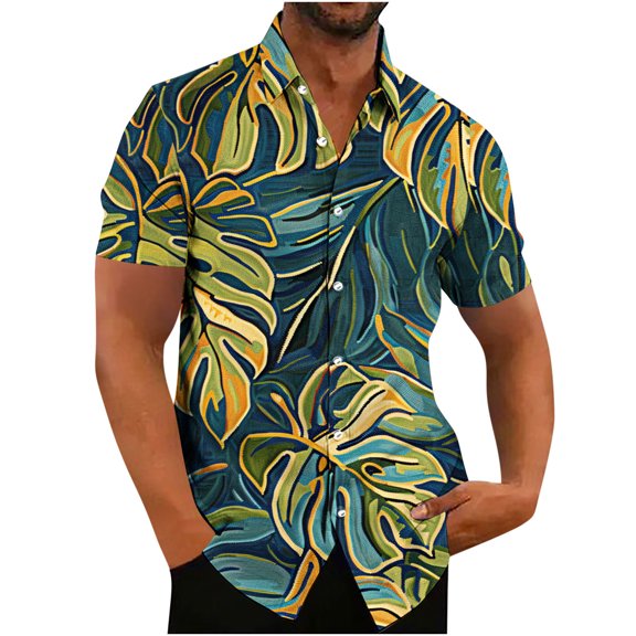 QUINDOS Button Down Hawaiian Shirt Men Casual Short Sleeve Summer Shirts Tropical Print Loose Beach Vacation Shirts