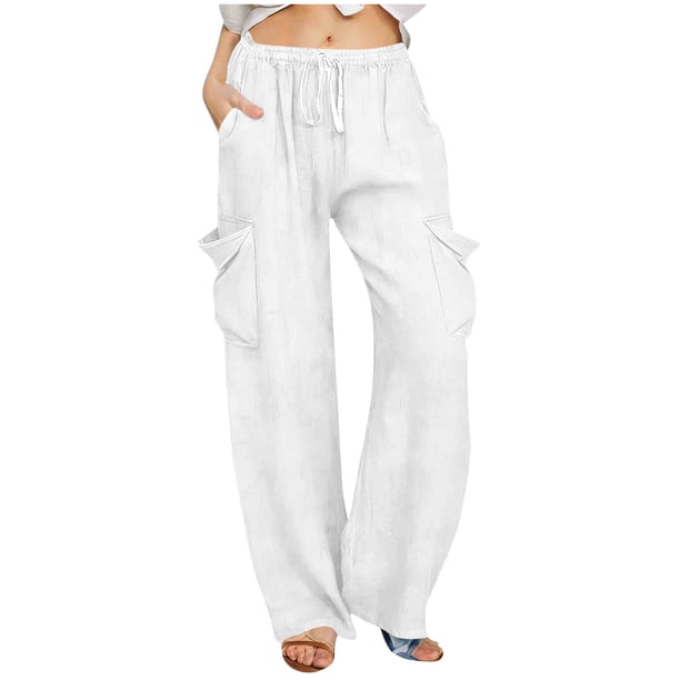 Pantalones de Vestido de Cintura Elástica para Mujeres Color Sólido Suelto Elástico Cordón de Cintura Pantalones de Pierna Recta de Bolsillo Grande