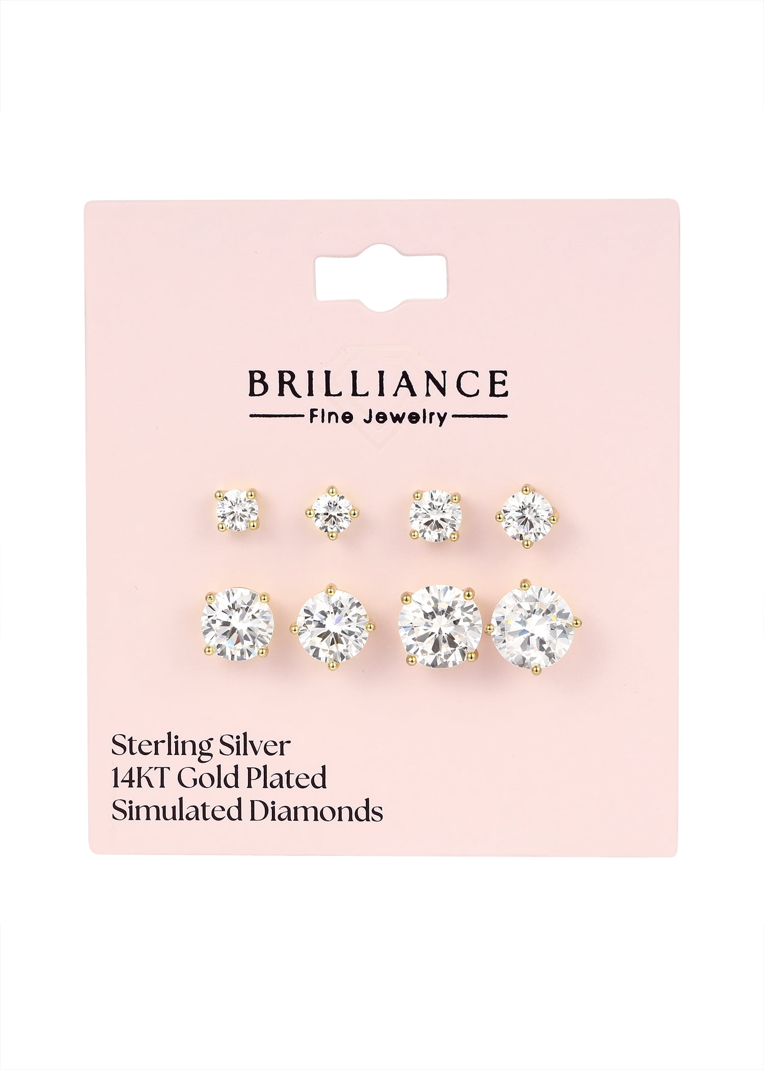Brilliance Fine Jewelry Women's Simulated Diamond 4 Pair Round Earring Set in 14KT Gold Plated Sterling Silver