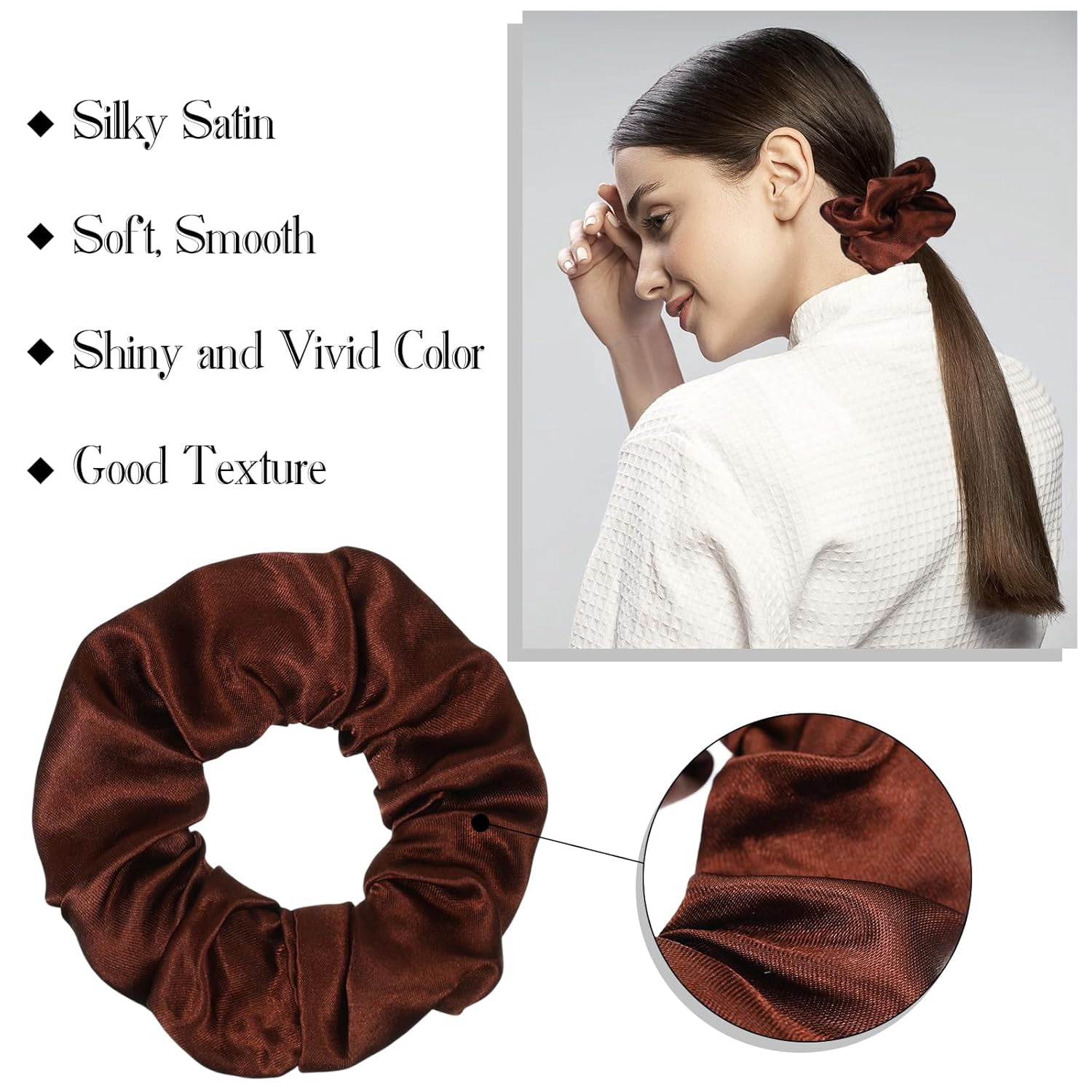 200 Pieces Satin Hair Scrunchies Bulk for Ponytail Holder Solid Color Satin Hair Tie Hair Elastics Bands for Women Teens Birthday Gift (Brown)