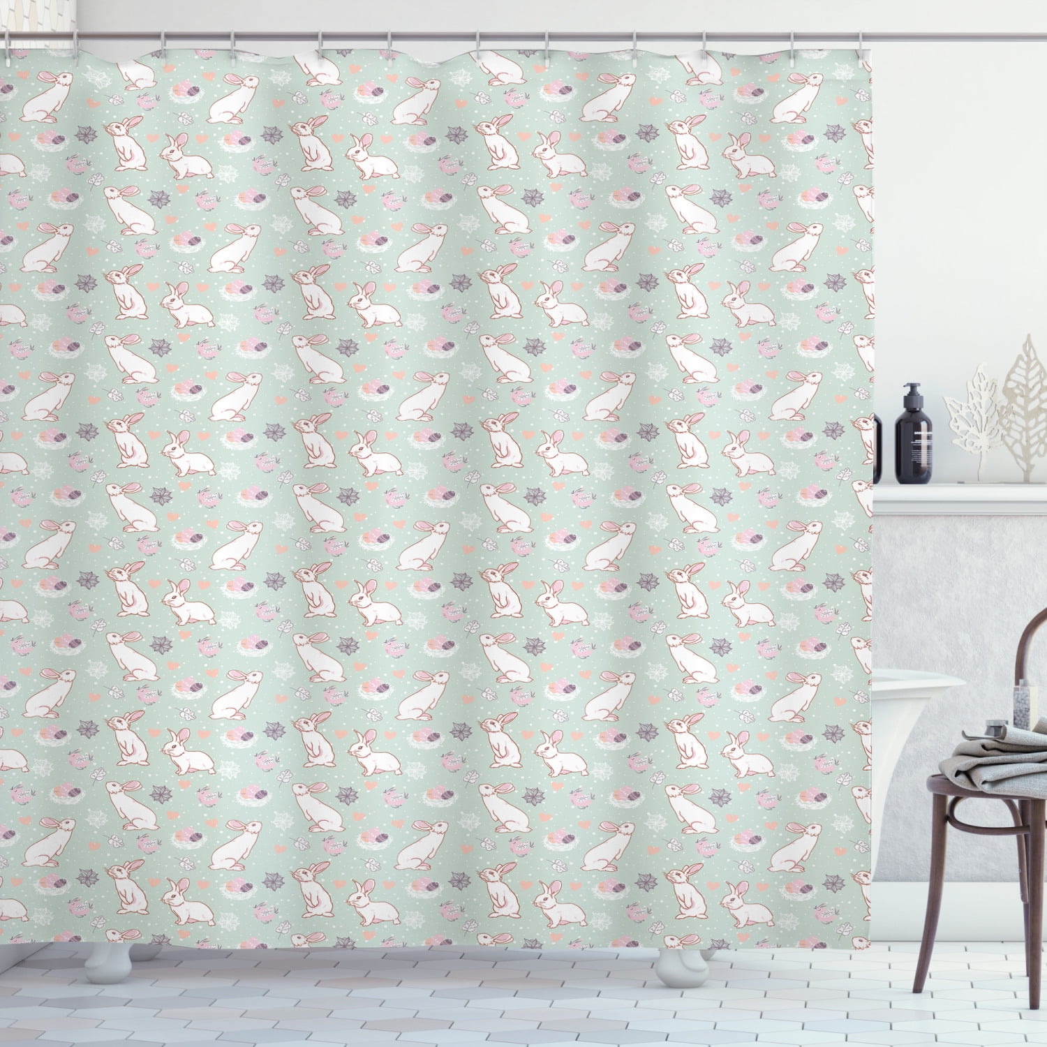 Happy Easter Cute Bunny Egg Carrot Bathroom Waterproof Fabric Shower Curtain Set 