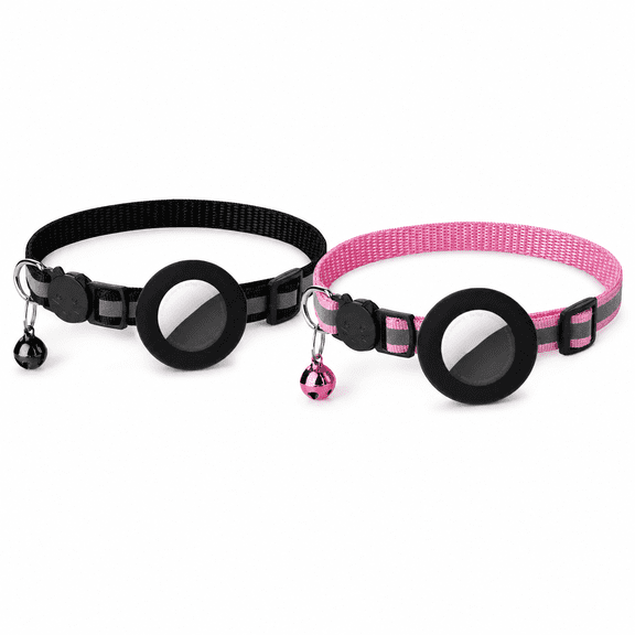 Cat Collar with Airtag Holder, Reflective Breakaway Collar with Bell, Adjustable for Indoor Outdoor Cats, Pink/Black, 2 pack
