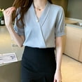 thumbnail image 3 of Olyvenn Women's Fall 2025 Casual Blouses Short Sleeve V Neck Solid Button Front Puff Sleeve Blouse for Top Shirt Tee Blue XXL, 3 of 5