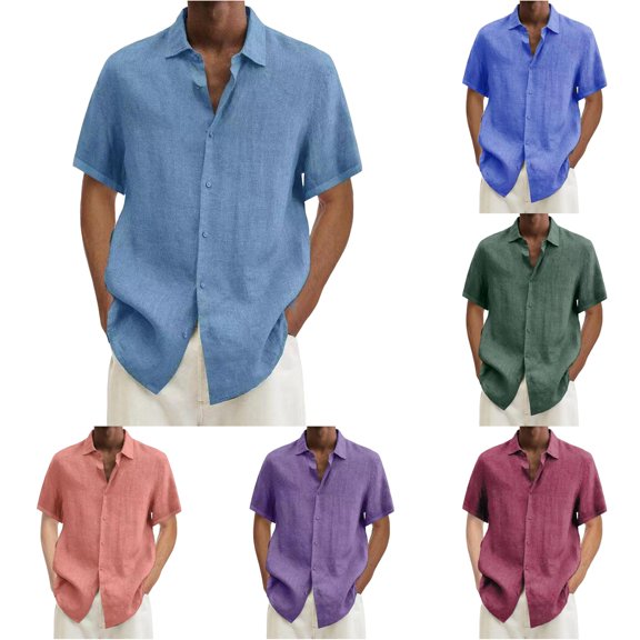 CUSTG Big & Tall Men Blouse Summer Hawaii Solid Color Short Sleeve Double Pocket Turndown Collar Button Shirt Lapel Breathable Tops