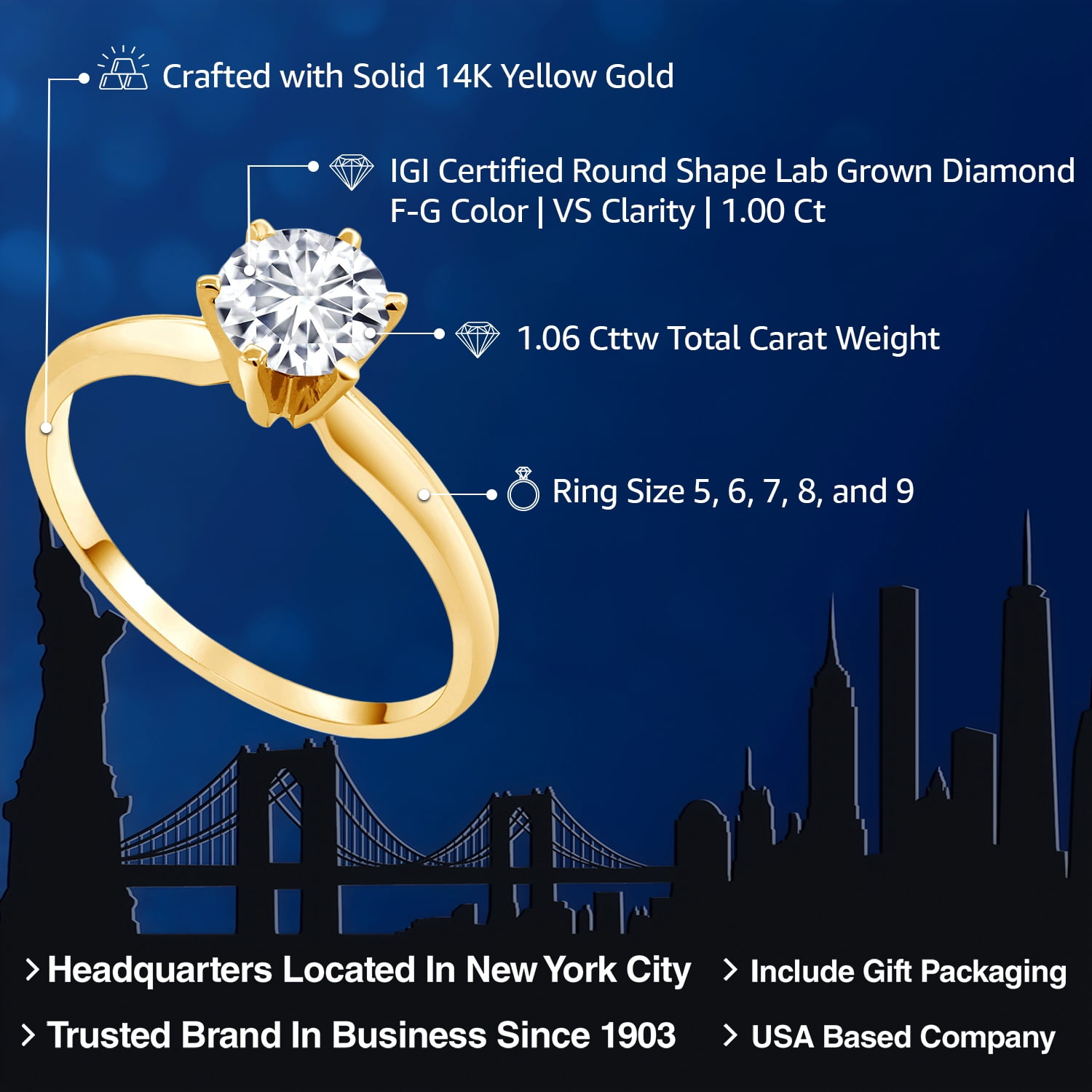 Gem Stone King 14K White Gold Lab Grown Diamond Solitaire Engagement Ring for Women | 1.00 Carat | F-G Color | VS Clarity | IGI Certified | Available in Size 5, 6, 7, 8, 9