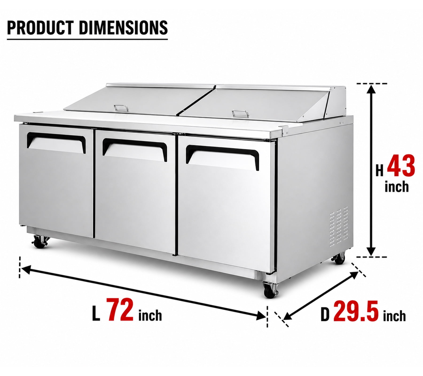 72 in. Commercial Sandwich Prep Table Refrigerator, 18 Cu.Ft., 20 x 1/6 Pan Capacity, Dual Lids, 3-Door, Stainless Steel, NSF Certified
