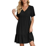Black Party Dresses Summer Dress Linen Dresses Casual T Shirt Dress Short Sleeve V Neck Midi Dress Beach Knee Length Plain Shirt Dresses Dresses for Women 2024 Size 2XL