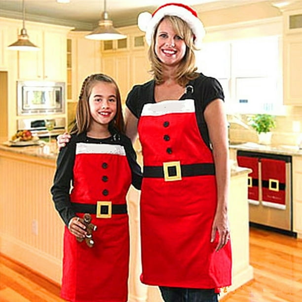 Delantal festivo de Navidad para toda la familia, ideal para fiestas y celebraciones, hecho de poliéster y algodón, resistente y cómodo, disponible en talla adulto y niño, color rojo clásico,