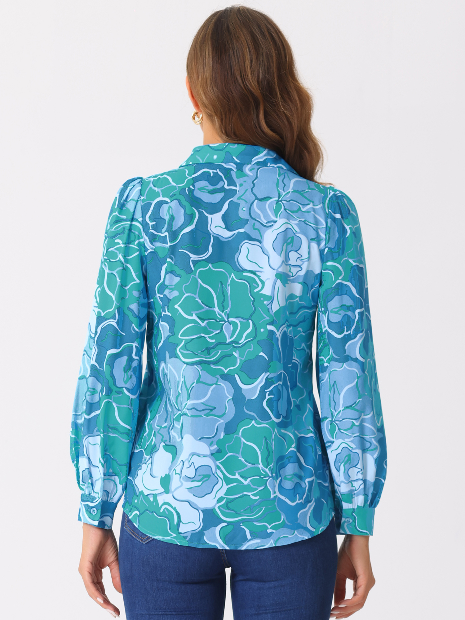 DARING DIVA Women's Button Down Floral Print Chiffon Tops M Blue