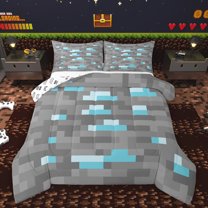 Homewish Cartoon Game Player Full Size Comforter Sets for Boys, Grey Blue Pixelate Miner Bedding Comforter Set, Checkered Plaid Reversible Bedding Sets, Ultra Soft Bedroom Decor, 3pcs
