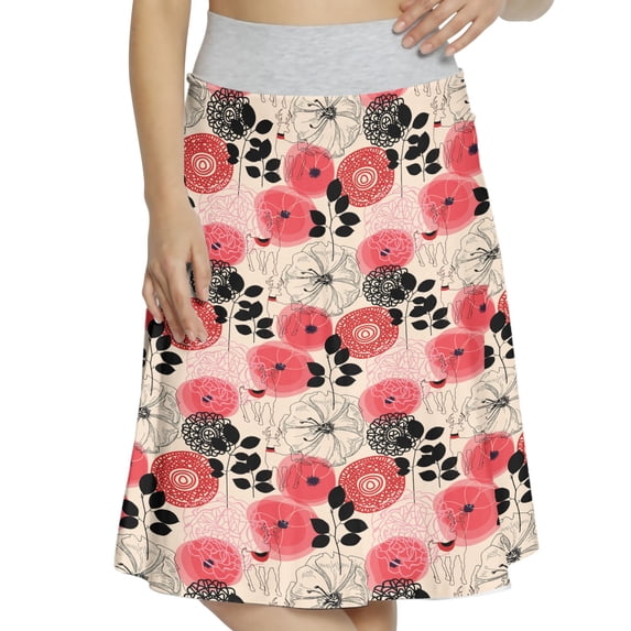 Women's Nature Flowers and Deers A-line Printed Skirt Casual Wear, 2XL, Coral Peach Black, by Ambesonne