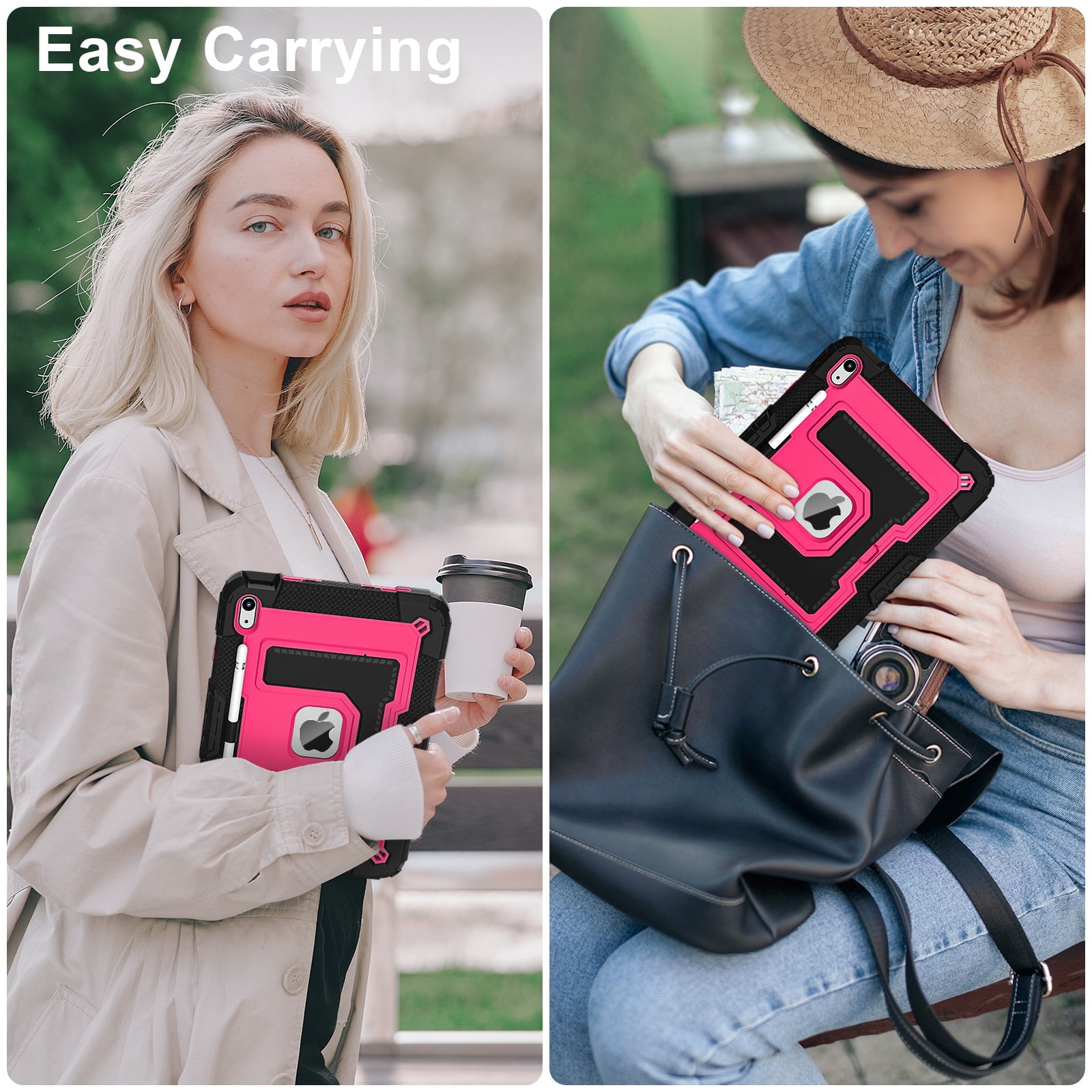 Allytechgroup Rugged Case for Apple iPad 9th 8th 7th Generation 10.2 inch 2021/2020/2019, Heavy Duty Protective Tablet Case with Kickstand, Pencil Holder & Detachable Shoulder Strap, Black+Rose