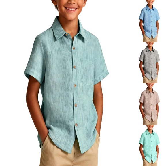 DGMIOCS Boys Button Down Chambray Shirts Casual Short Sleeve Cotton Linen Shirt with Pockets for Kids 1-11 Years Army Green