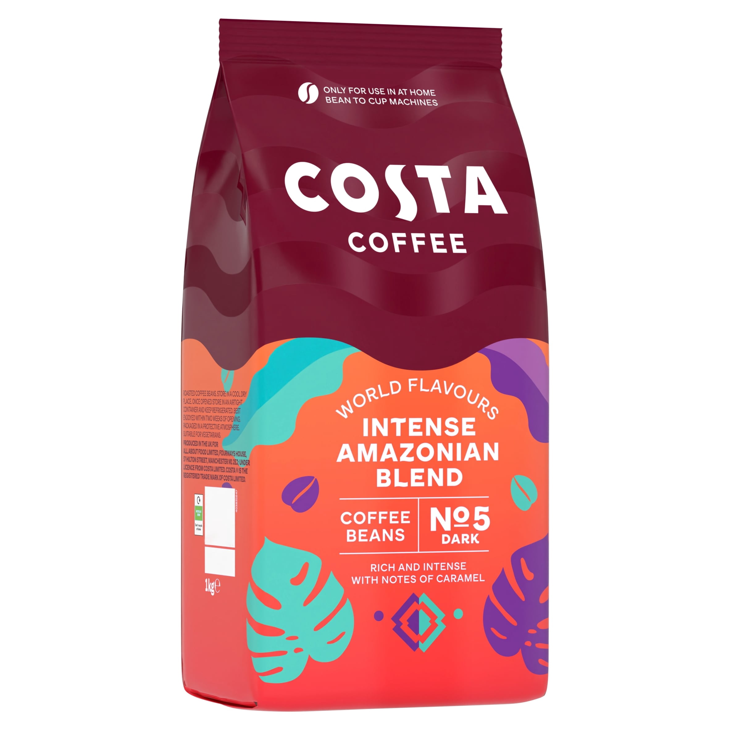 Costa Coffee Intense Amazonian Blend Coffee Beans 1kg Imported from Britain