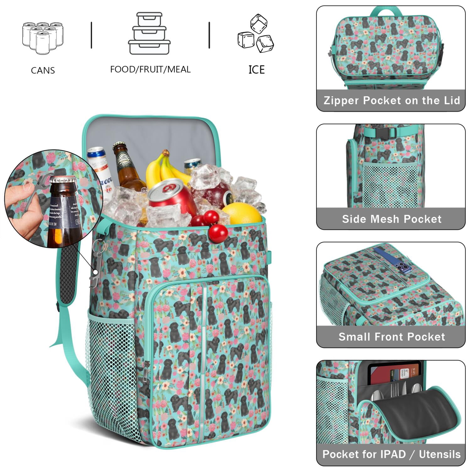 Travel Cooler Bag - Bichon Dog Blue Florals Camping Beer Cooler Backpack with Bottle Opener- Waterproof Insulated Picnic Backpacks - Cooler Bag for Beach