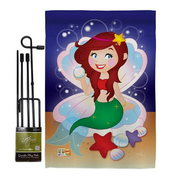 Breeze Decor BD-SM-GS-107027-IP-BO-D-IM09-BD 13 x 18.5 in. Mermaid Coastal Sea Animals Impressions Decorative Vertical Double Sided Garden Flag Set with Banner Pole