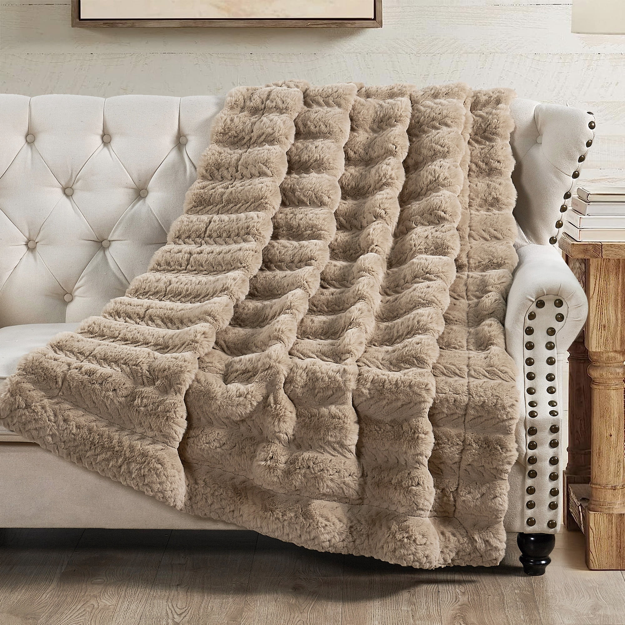 Home Soft Things Tread Pattern Faux Fur Throw Blanket with Micromink Back, Luxury Soft Cozy Plush Fluffy Fuzzy Reversible Thick Warm Throw Blanket, 60x70 inches, Light Taupe