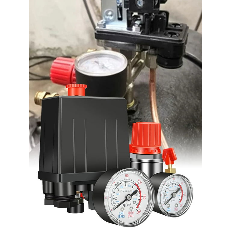 90-120 PSI Air Compressor Pressure Control Switch Valve Regulator w/ Double Gauges, Air Compressor Regulator 90-120 PSI Air Compressor Pressure Control Switch Valve Regulator w/ Double Gauges, Air Compressor Regulator