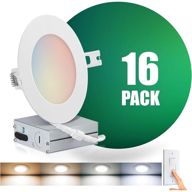 QPLUS 4Inch LED Recessed Slim Pot Light with Junction Box, 10W (=75W), 750 Lumens, Dimmable, IC Rated, ETL, Energy Star (4CS, 16 Pack)