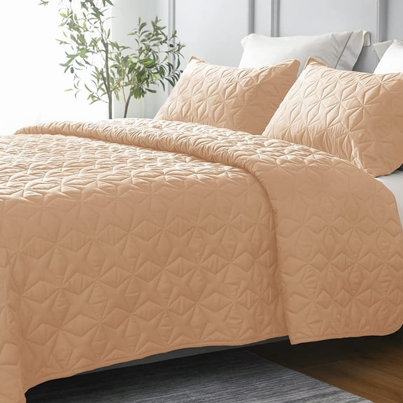 Whale Flotilla Quilt Set Twin Size, Soft Microfiber Lightweight Bedspread Coverlet Bed Cover (Star Pattern) for All Seasons, Camel, 2 Pieces (Includes 1 Quilt, 1 Sham)
