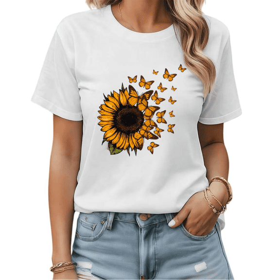 Sunflower Butterfly Transformation Graphic Tees Womans T-shirt Black/White S-5XL Shirts Floral Nature Tops
