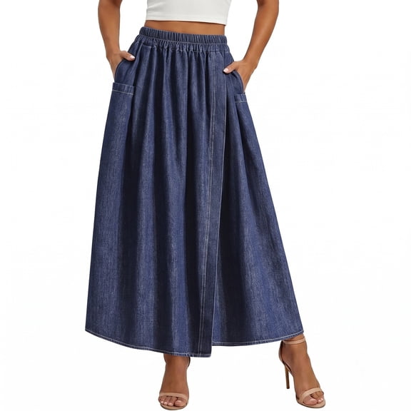 ZHOGXU Casual Midi Skirts For Womens Solid Color Elastic Waist A Line With Pocket Party Club Wear