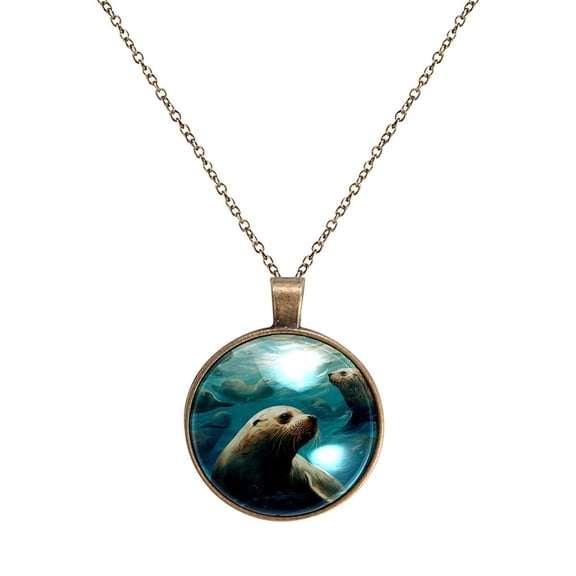Sea Lion Necklace Personalized Custom Photo Round Pendant Adjustable Stainless Steel Necklaces with Gift Box for Men Women Mothers Valentine's Jewelry Gift