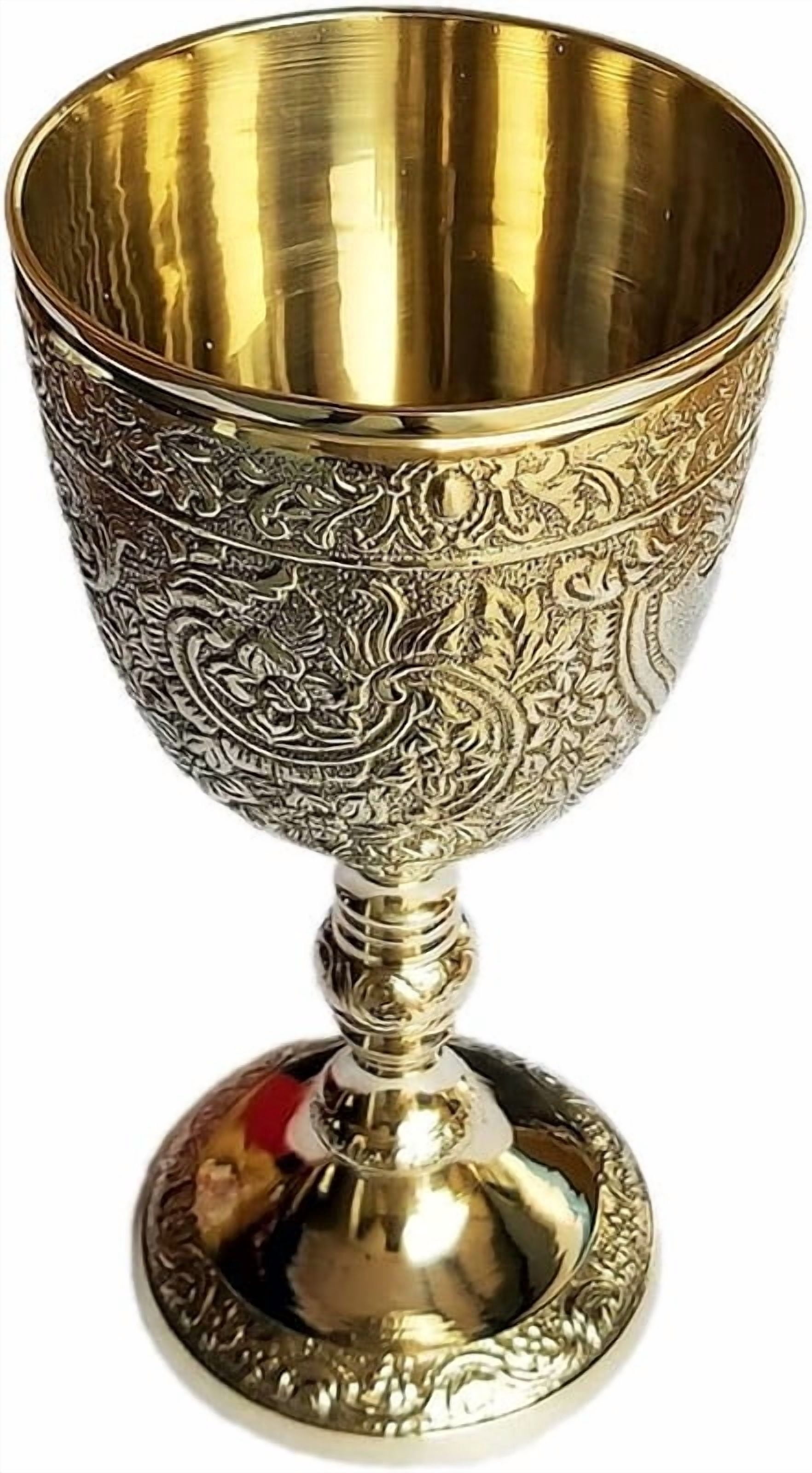 Brass royal chalice cup embossed brass flutes wine heavy goblet brass drinking glasses beverage tumbler cups for water juice milk beer ice tea and farmhouse decor