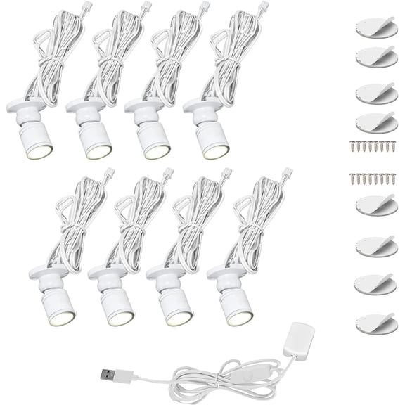 Cefrank Mini Spot Lights with Dimmer, 8 x 1W 360° Rotatable LED Spotlight Jewelry Cabinet Dimmable Wall Light, White Finish Shell (Pack-8)