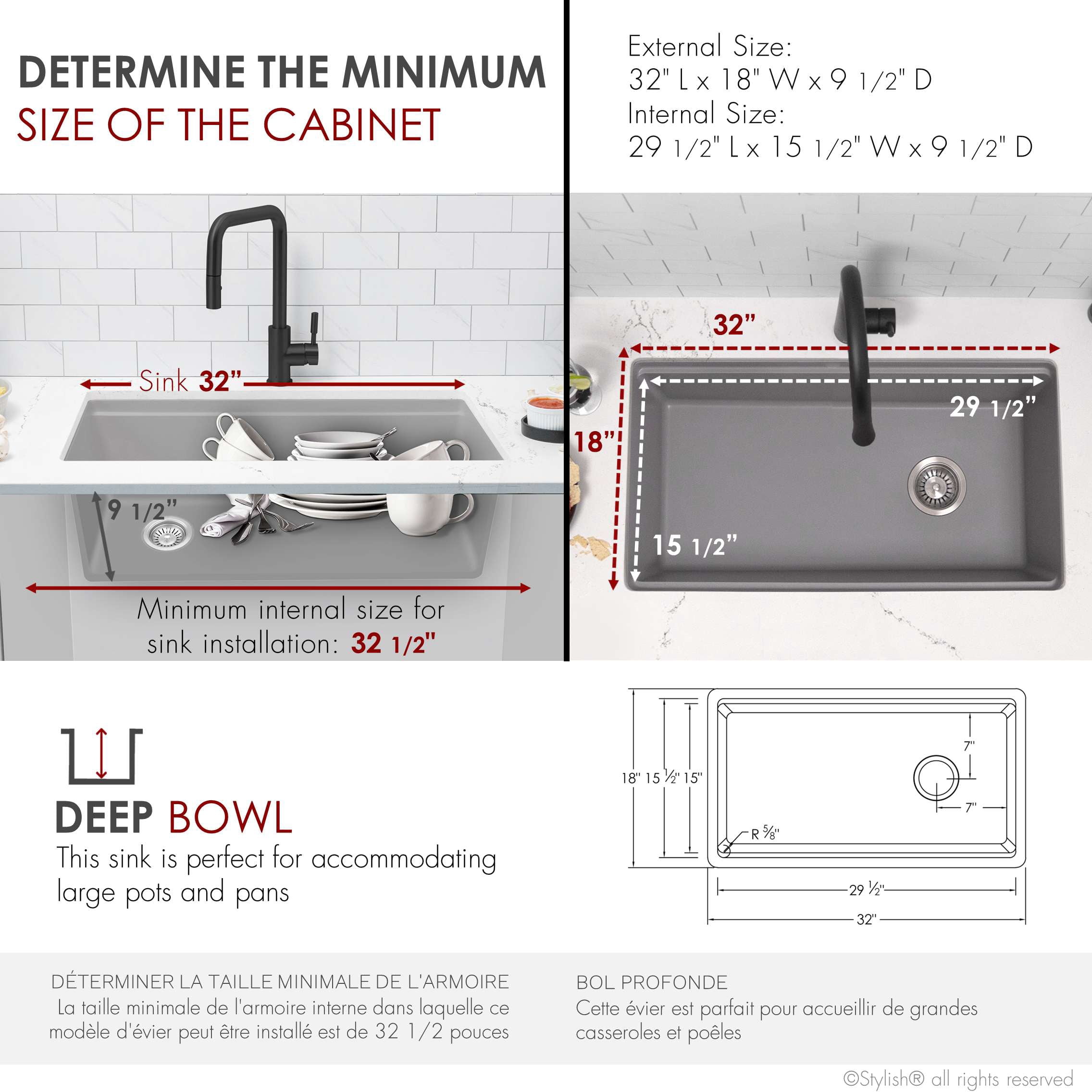Stylish Dual Mount 32" Gray Composite Granite Single Bowl Kitchen Sink with 4 accs S-832WL