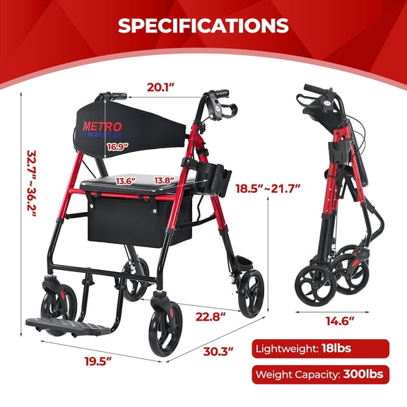 Metro Mobility 2 in 1 Rollator Walker & Transport Wheelchair, Foldable Lightweight Rollator Walker with Seat, 8" Big Wheels for All Terrain, 300 lb. Weight Capacity, RED