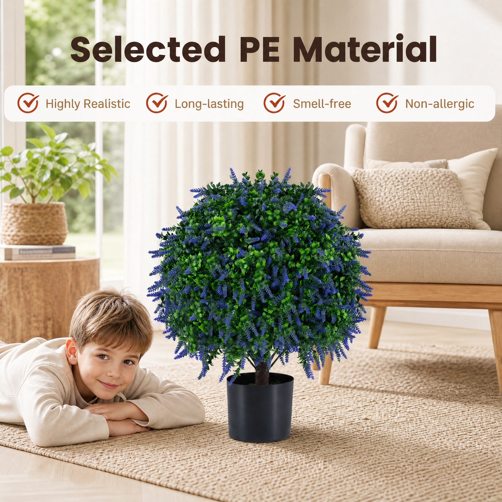 Vebreda Artificial Plant Decor, Set of 2 Artificial Lavender Topiary Ball Trees 22 inch Faux Lavender Potted Plants, Elegant Natural Look