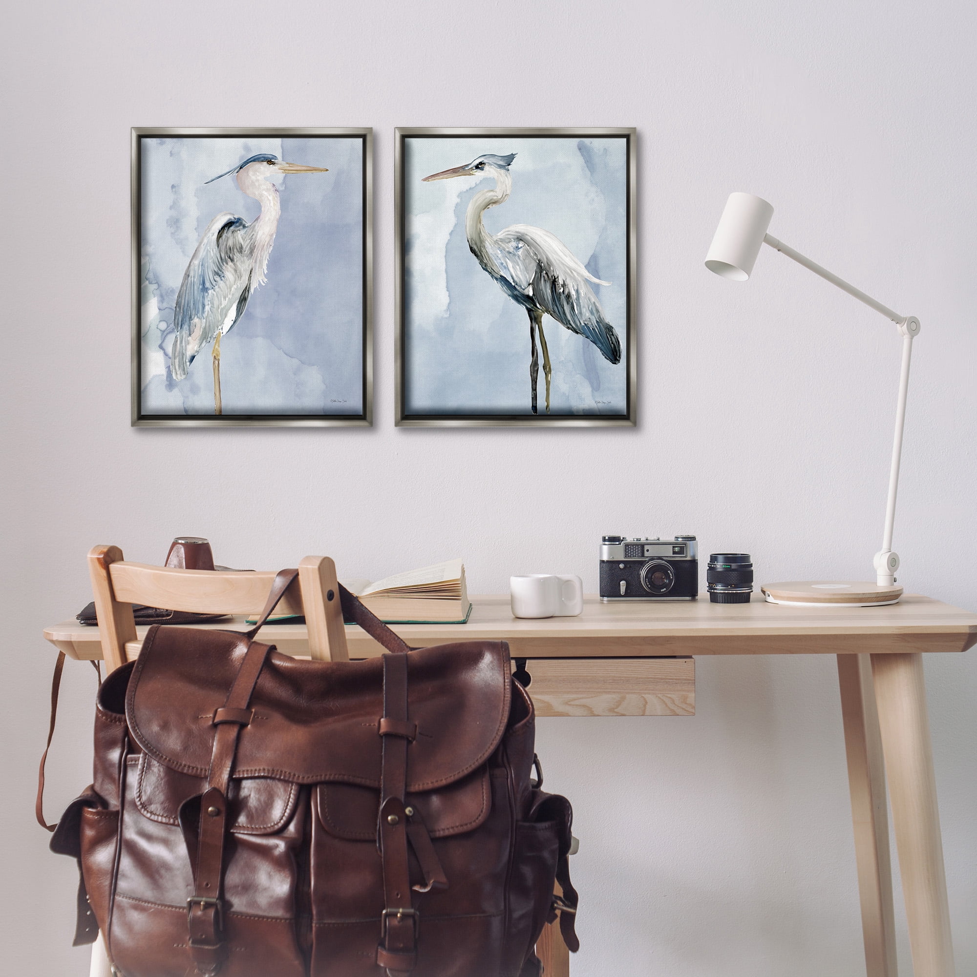 Stupell Industries Heron Birds Standing Blue Sky Animals & Insects Painting Gray Floater Framed Canvas Art Print Wall Art, 17 x 21, Set of 2