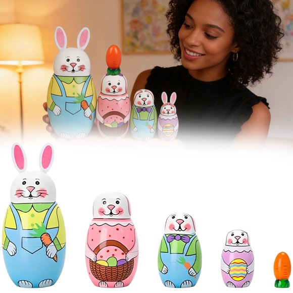 Matryoshka Dolls 5Pcs/Set Cute Wooden Bunny Nesting Dolls Set Easter Carrot Nesting Doll Toy Easter Bunny