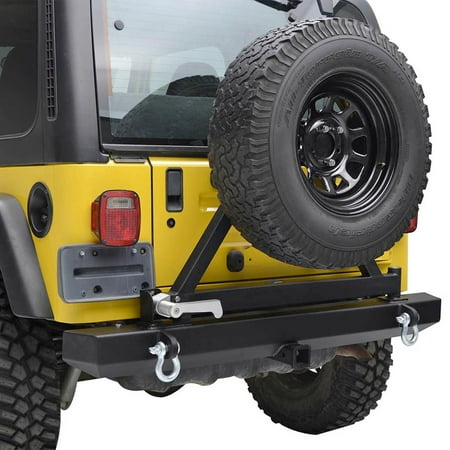 Jeep Bumper Tire Carrier - GZYF Jeep Rear Bumper with Tire Carrier & Hitch Receiver & 2 D-Rings for 87-06 Jeep Wrangler TJ YJ